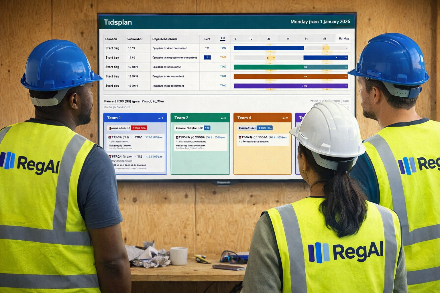 RegAI Tidsplan på storskærm i skuret